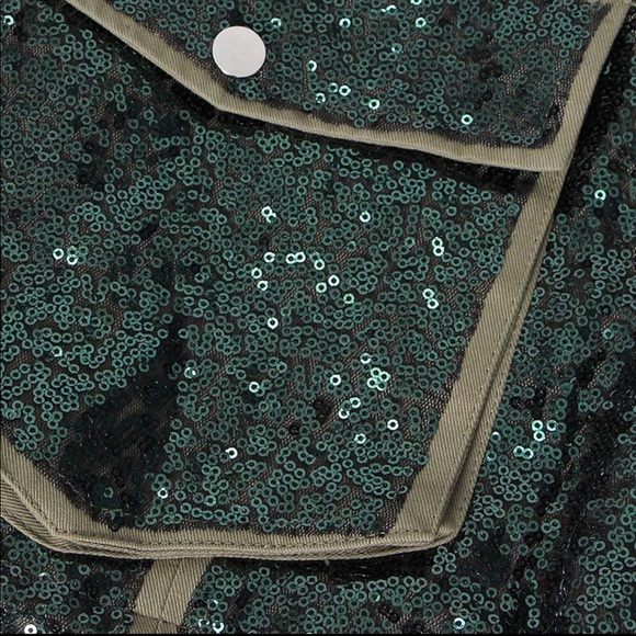 New Fashion Round Neck Loose Zipper Pocket Long Sleeve Sequined Short Coat - Picture 4 of 6